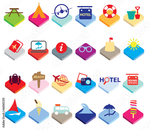 Flat colourful holiday, vacation or beach icons