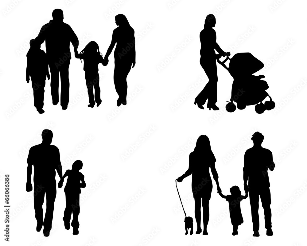 Black silhouettes of family in walks, vector Black silhouettes of family in walks, vector