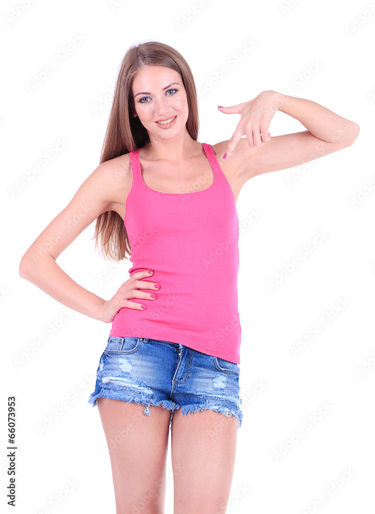 Beautiful young girl in shorts and t-shirt isolated on white Beautiful young girl in shorts and t-shirt isolated on white
