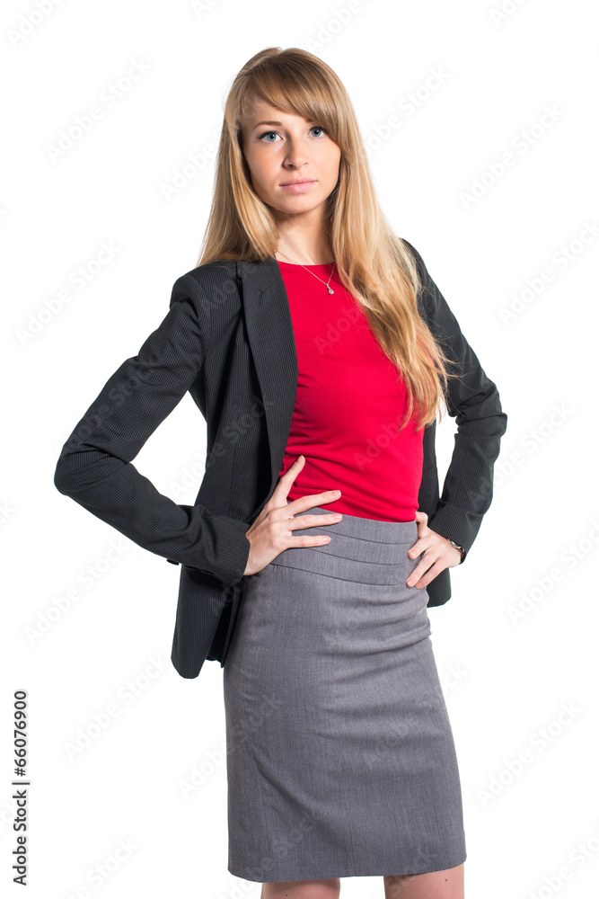 Portrait of young business woman gray skirt red shirt classical Portrait of young business woman gray skirt red shirt classical