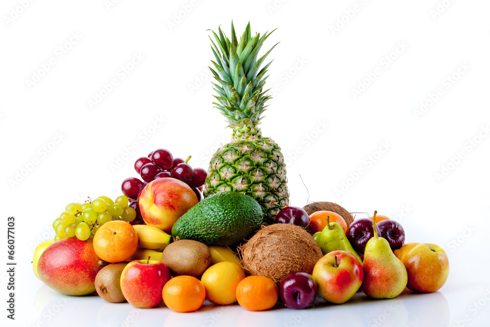 Fresh fruits isolated on a white . Set of different fresh fruits