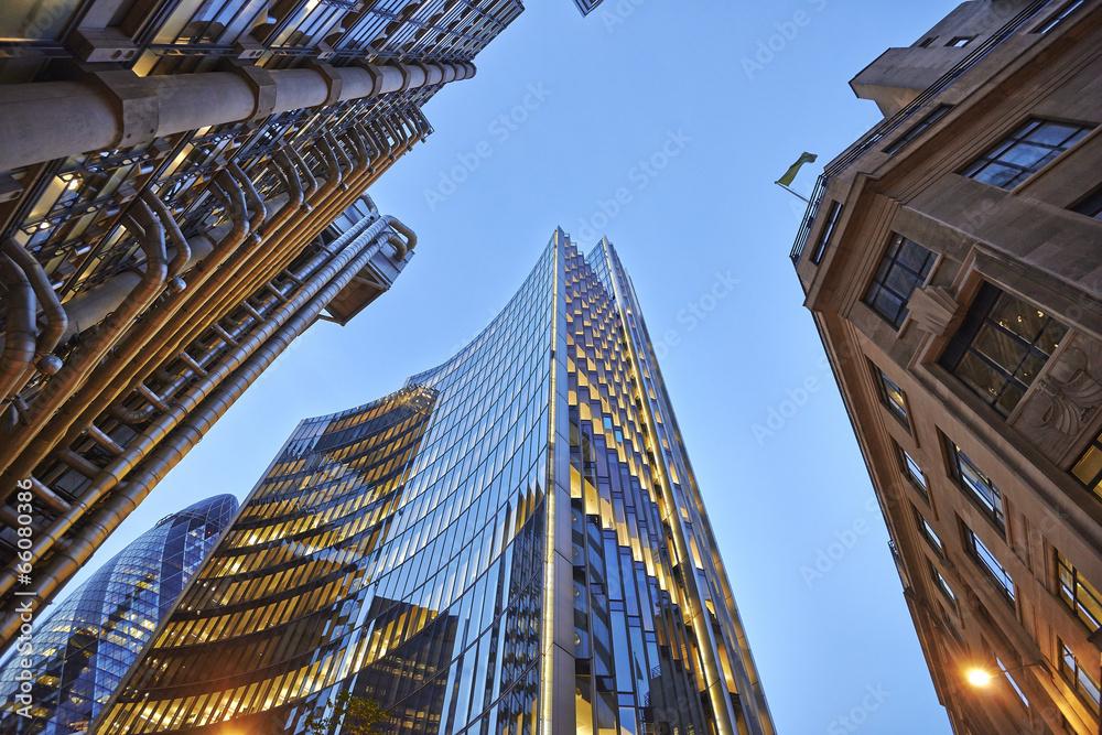 Commercial office buildings exterior. Evening view at bottom sky