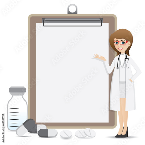 cartoon smart pharmacist presentation with blank clip board