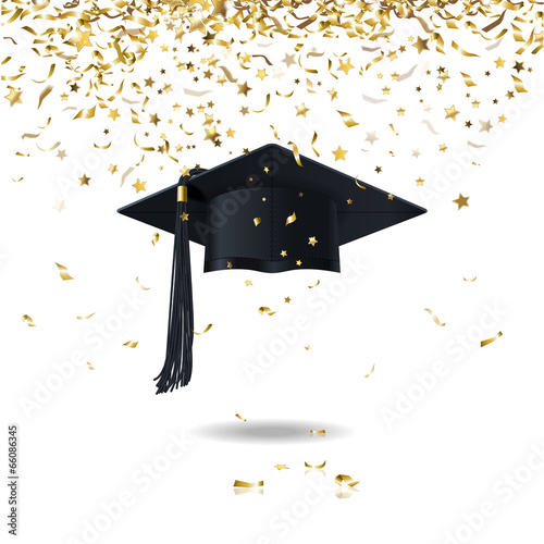 graduate cap and confetti