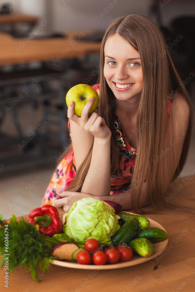 beautiful smiling girl with apple in hands, beautiful smiling girl with apple in hands,