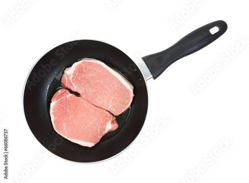 Pork loin steaks in frying pan with oil