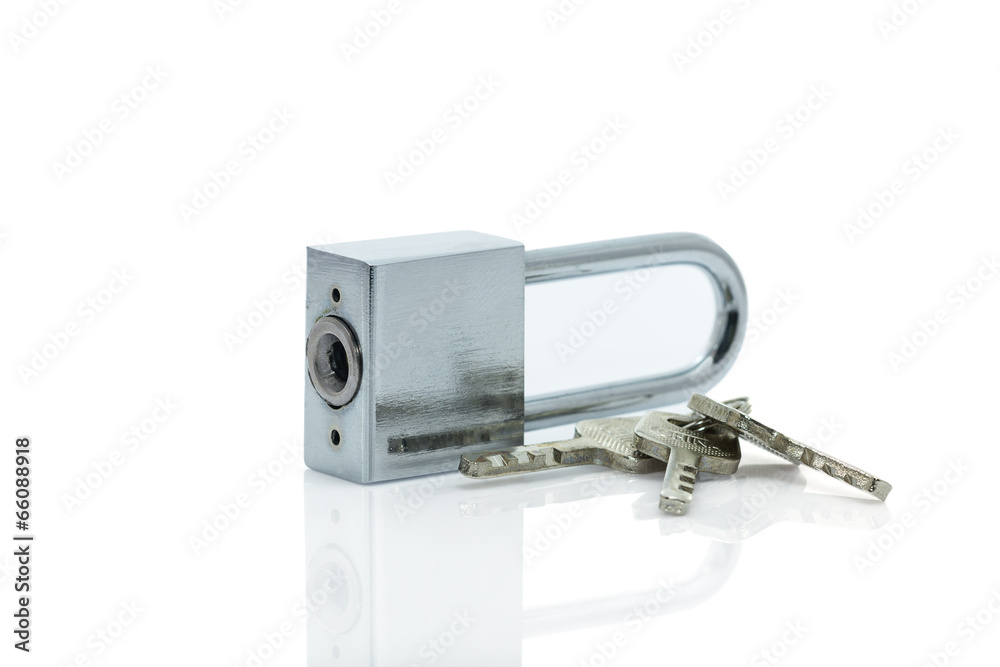 Padlock with three keys on white background Padlock with three keys on white background