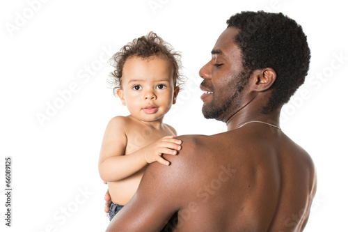 Photos Happy black father and child boy cuddling on isolated