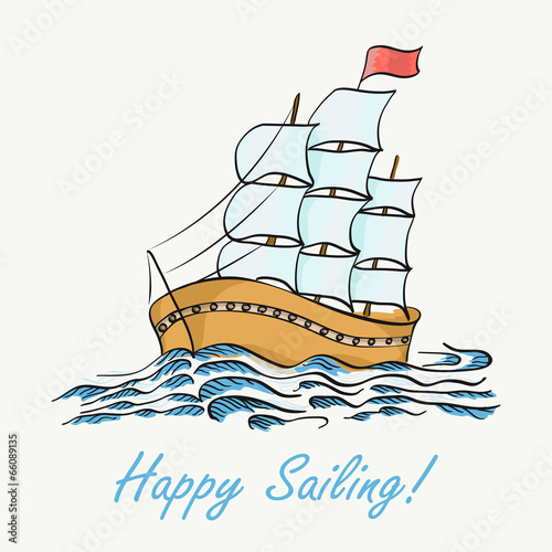 Vector illustrations of the ship floating on the waves