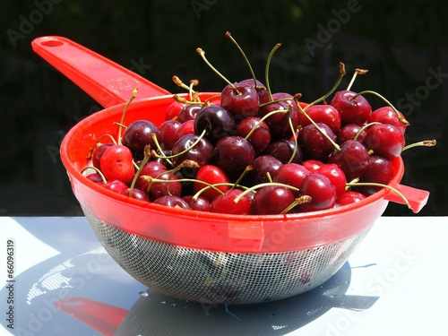 washed sweet cherries in strainer photo