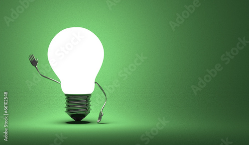 Light bulb character waving hand on green