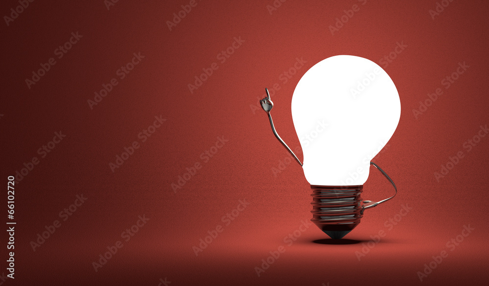 Light bulb character in moment of insight on red Light bulb character in moment of insight on red
