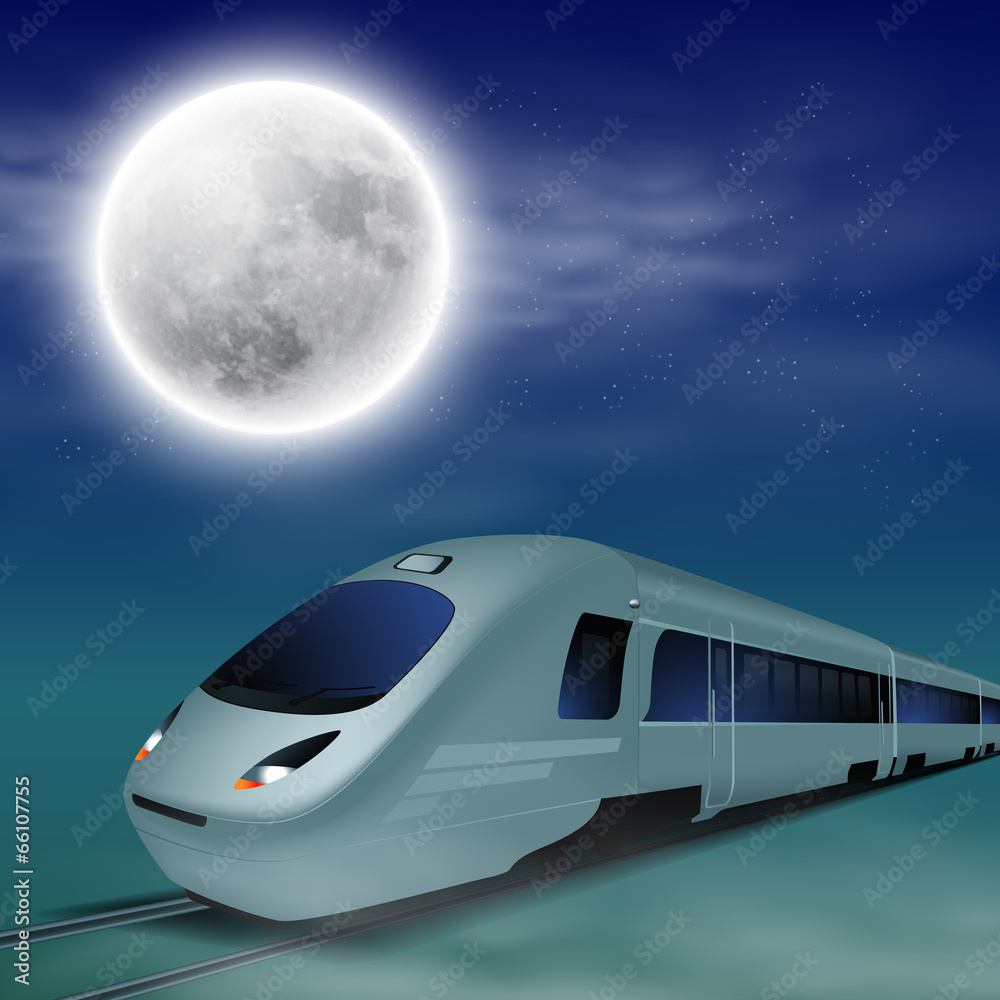 High-speed train at night with full moon.