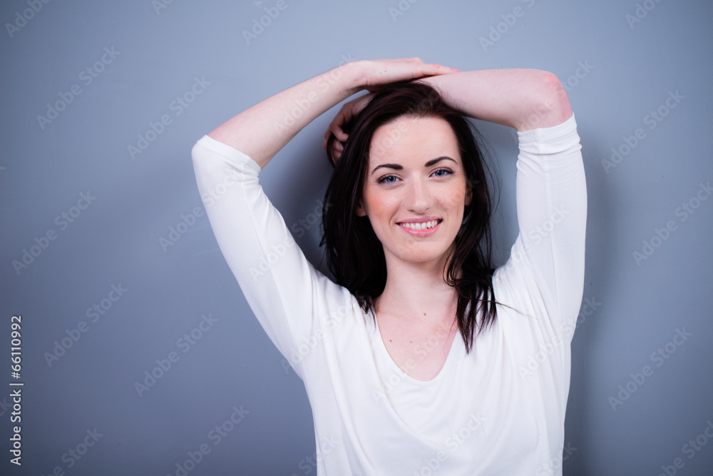 cheerful young caucasian woman with black hair blue eyes cheerful young caucasian woman with black hair blue eyes