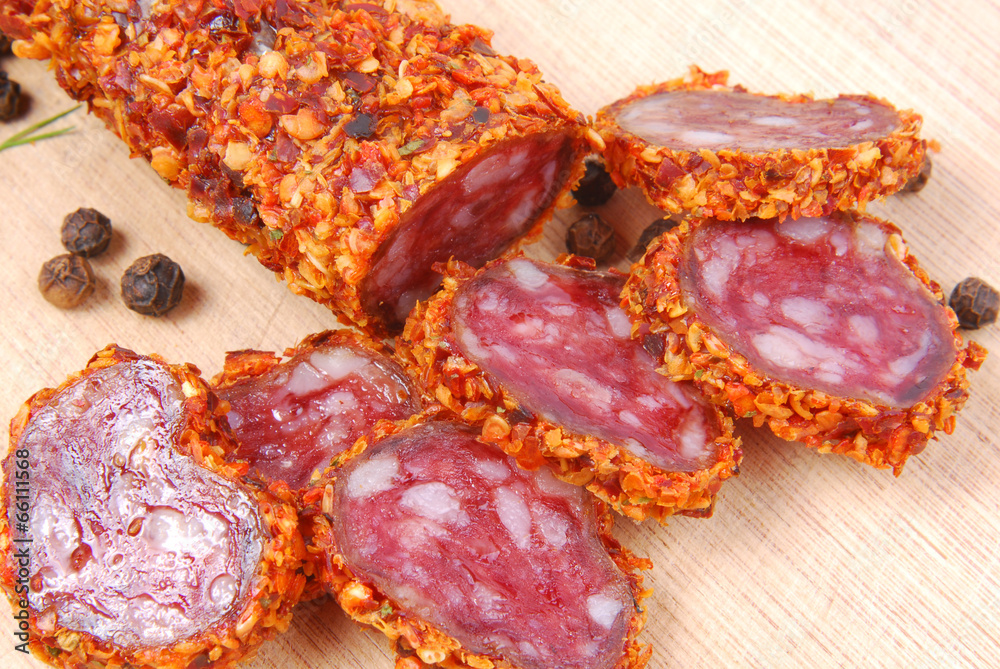 closeup of dried spicy sausage closeup of dried spicy sausage