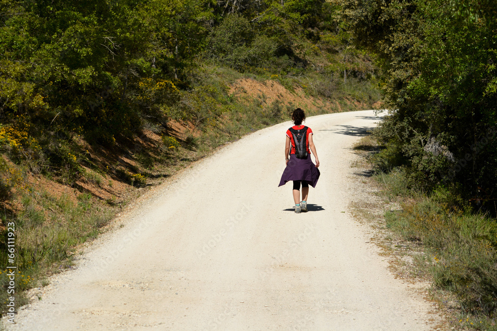mujer subiendo por un camino en verano mujer subiendo por un camino en verano