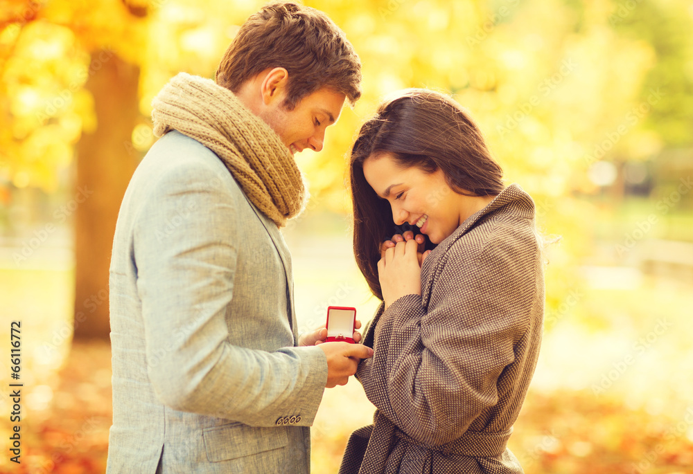 man proposing to a woman in the autumn park man proposing to a woman in the autumn park