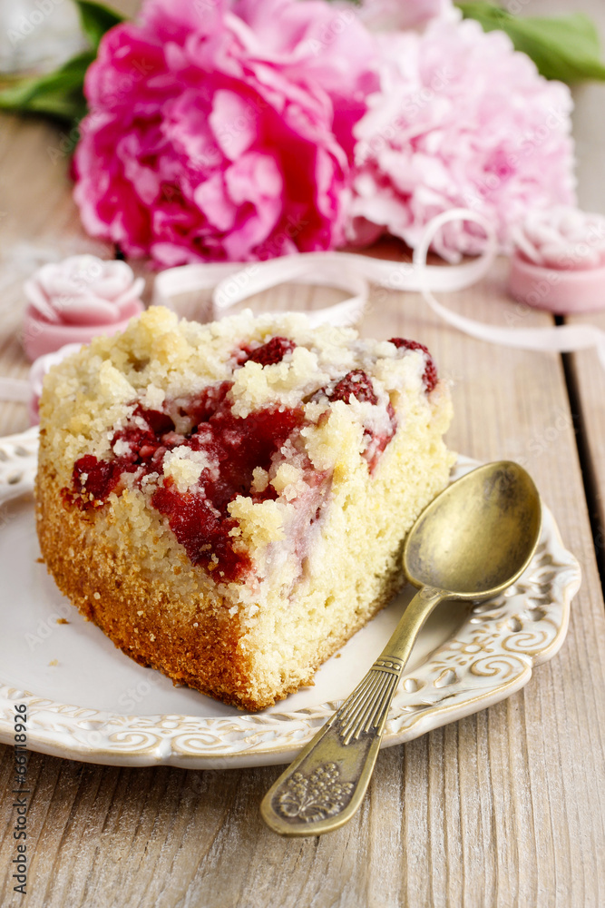 Piece of strawberry cake on ceramic plate Piece of strawberry cake on ceramic plate