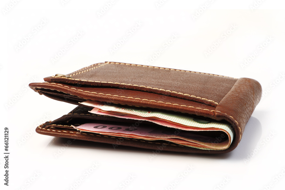 Brown leather wallet with money isolated on white Brown leather wallet with money isolated on white