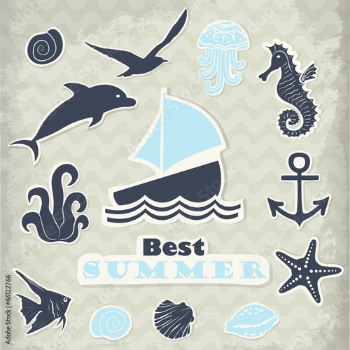 Vector stickers of marine subjects in blue tones