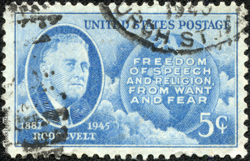 stamp printed in the USA, shows Franklin Delano Roosevelt photo