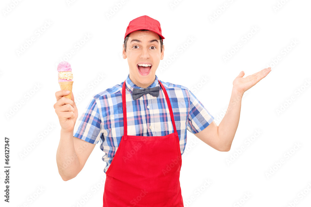 Excited ice cream vendor gesturing with hand