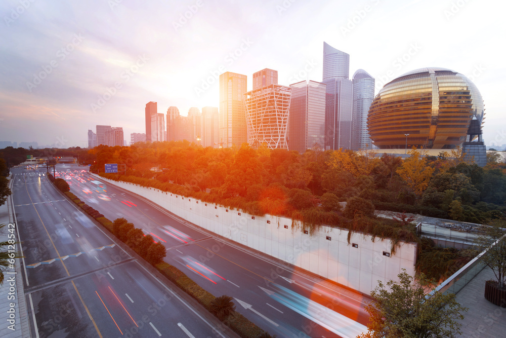 Fototapeta premium modern city with sunset