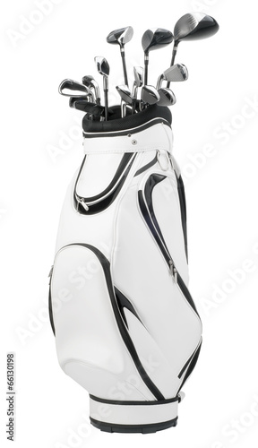 Golf clubs in white and black bag isolated on white background