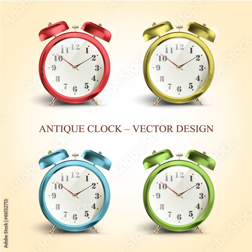 Set of colorful vintage table clocks over white background