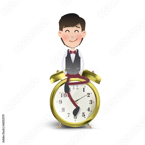 Businessman with vintage clock over white background