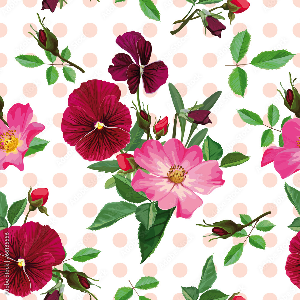 seamless pattern, bouquet of pink roses and purple pansy seamless pattern, bouquet of pink roses and purple pansy