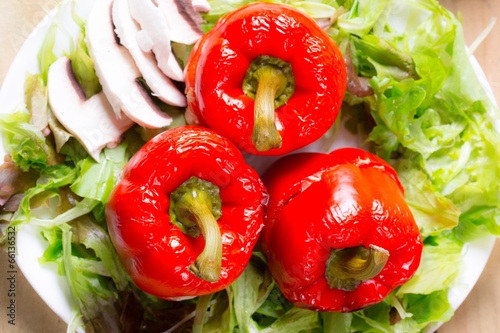 Stuffed Red bell peppers with cheese and lettuce