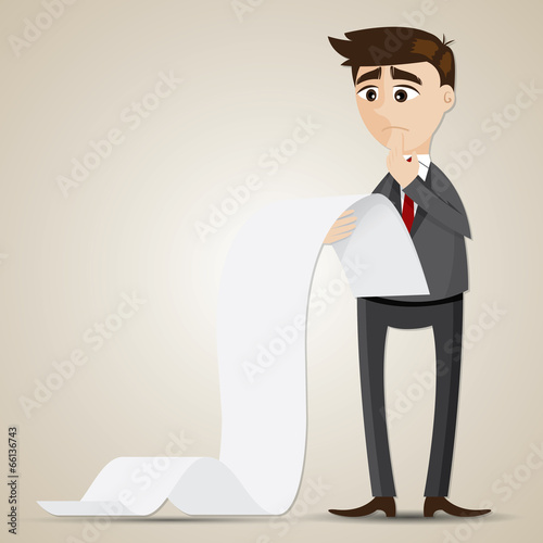 cartoon businessman looking at long document