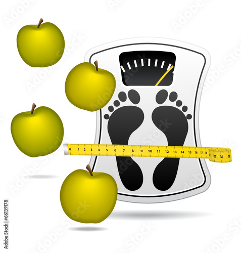 White bathroom scale with apples.