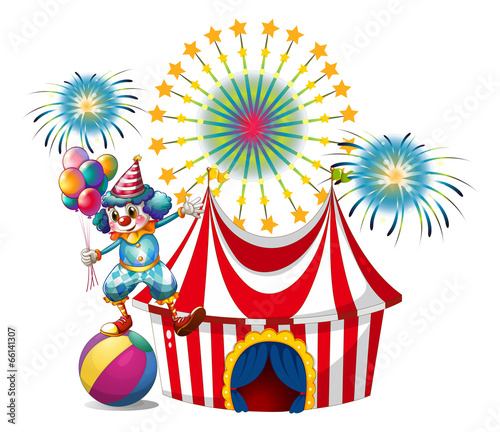 A carnival with a clown holding balloons
