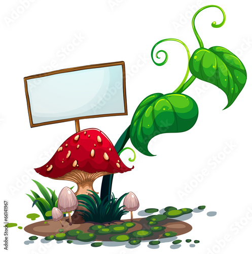 An empty signboard near the red mushroom
