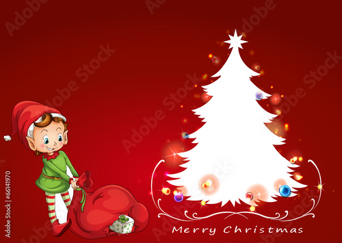 An elf beside the christmas tree