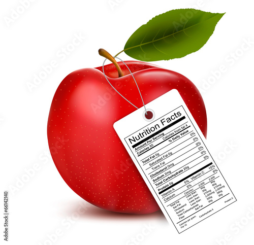 An apple with a nutrition facts label. Vector