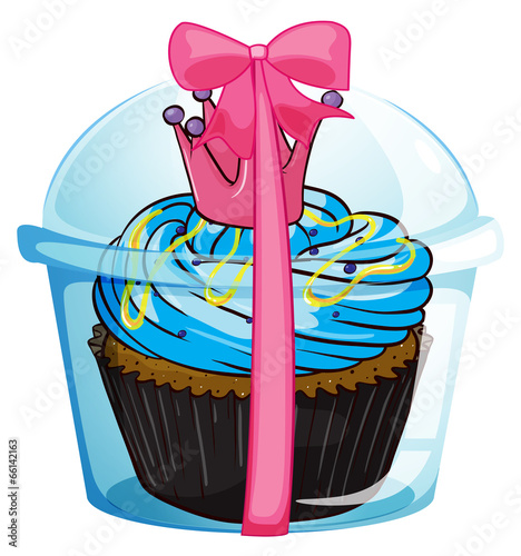 A cupcake container with a pink ribbon