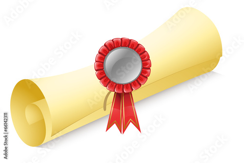 A rolled paper with a red ribbon