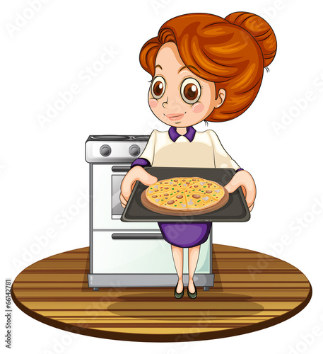 A lady cooking a pizza