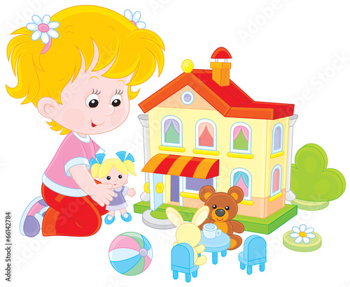 Girl with a doll and toy house