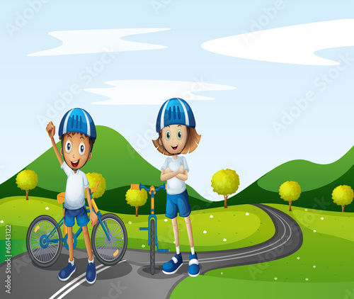 A boy and a girl biking