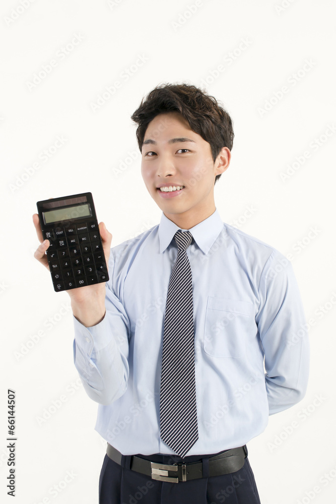 Asian bank teller with a calculator Asian bank teller with a calculator