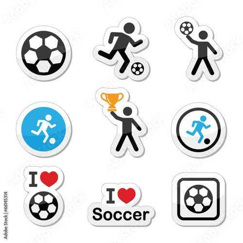 I love football or soccer, man kicking ball vector icons set