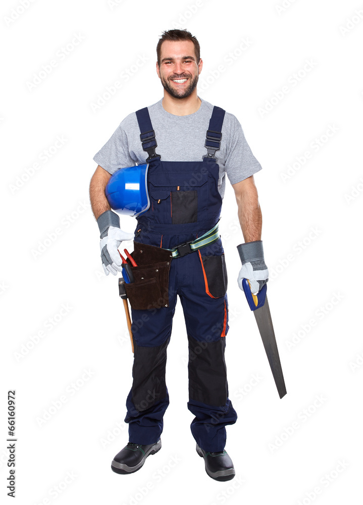Portrait of smiling worker in blue uniform
