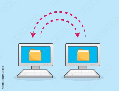 Two computers with arrows syncing