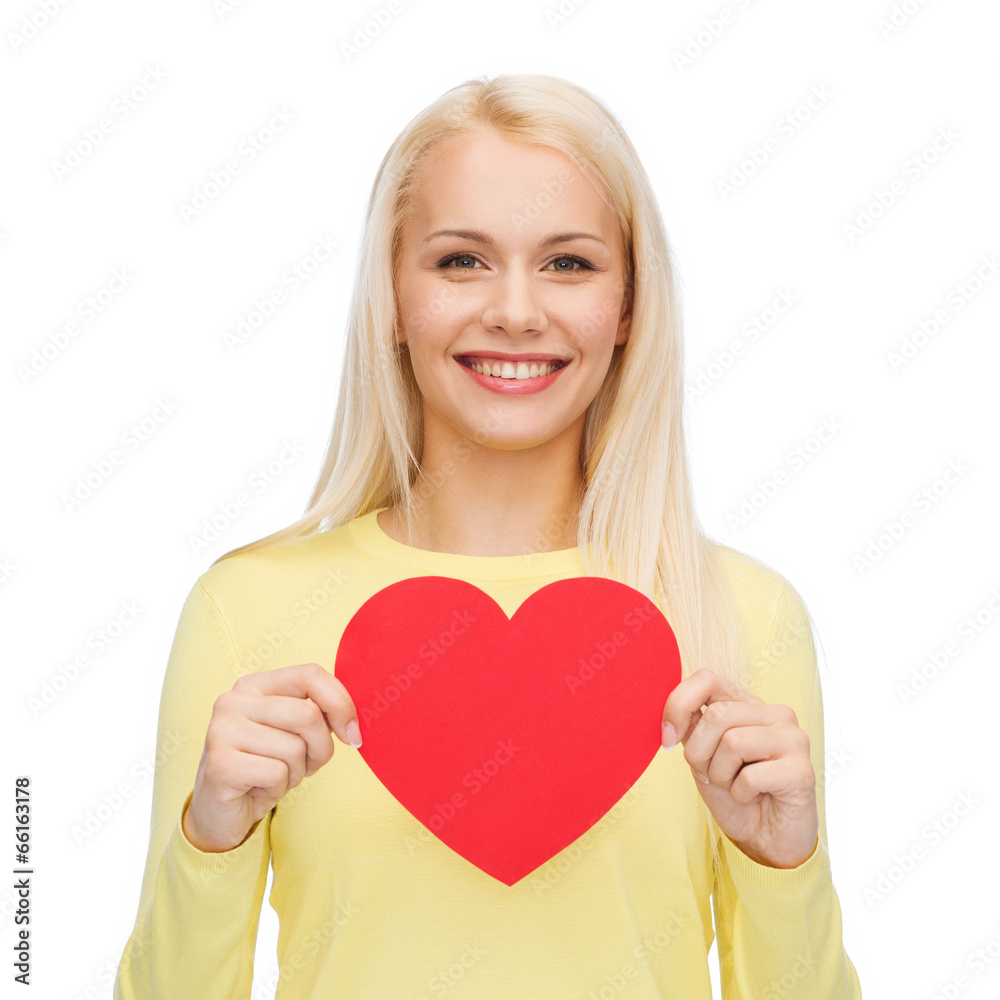 smiling woman with red heart smiling woman with red heart