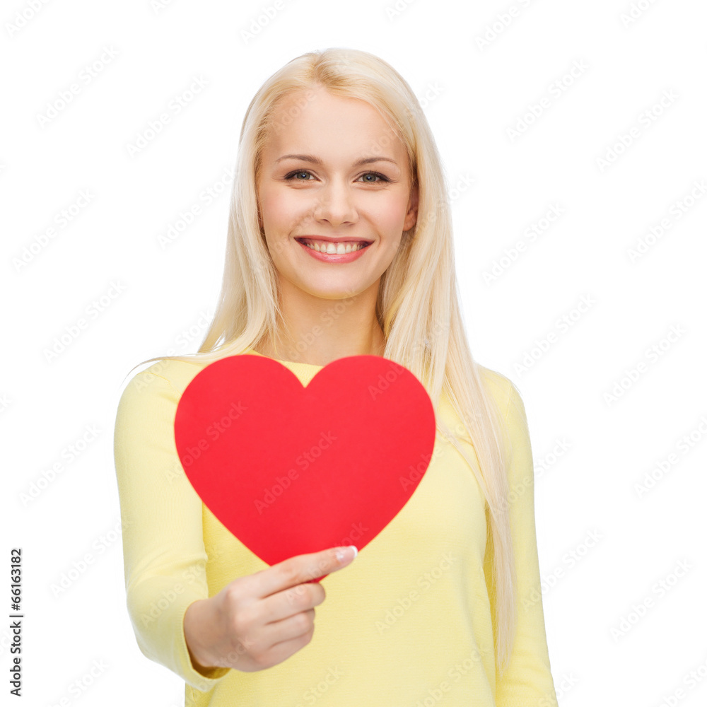 smiling woman with red heart smiling woman with red heart