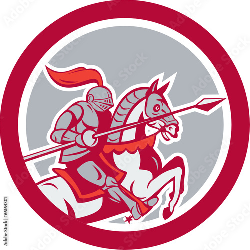 Knight Riding Horse Lance Circle Cartoon